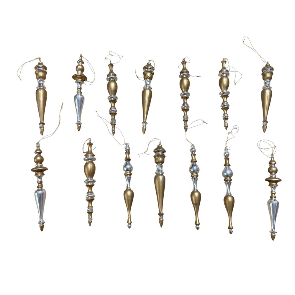 Vintage Gold Silver Icicle Christmas Ornaments Set 14 Finial Spindle Plastic MCM